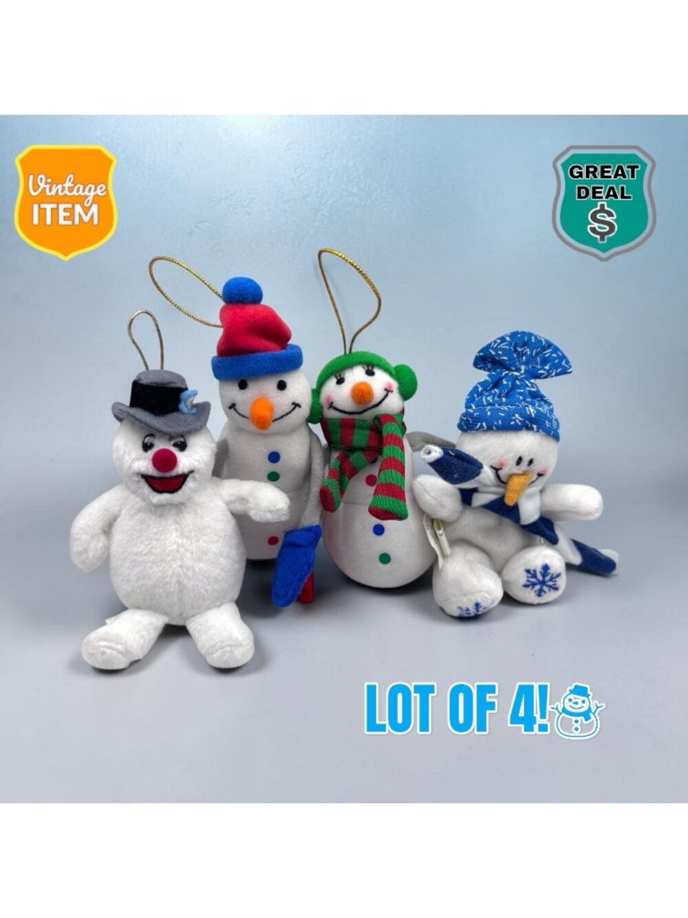 Vintage Christmas Holiday Decor Snowmen Dolls Set of 4! Frosty, Married Couple.